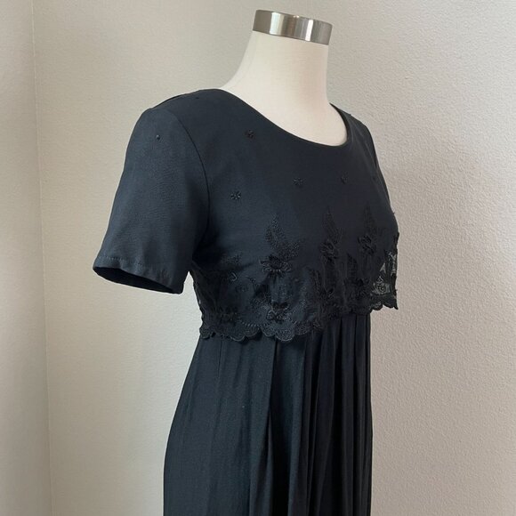 Vintage CDC Womens 4 Black Maxi Dress Short Sleeve Embroidered Bodice Babydoll - Picture 6 of 16